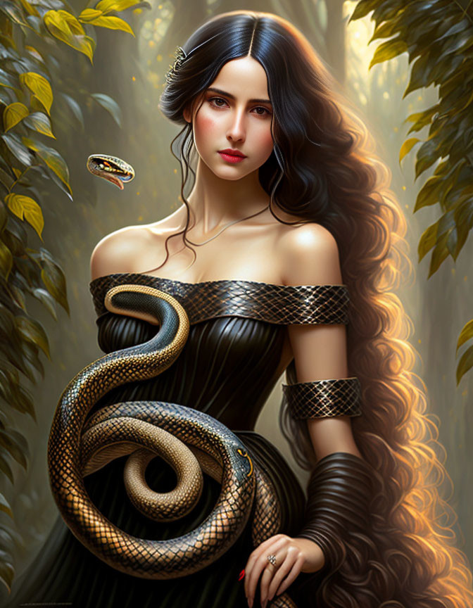 Photorealistic artwork of woman with long hair, butterfly, and snake in forest