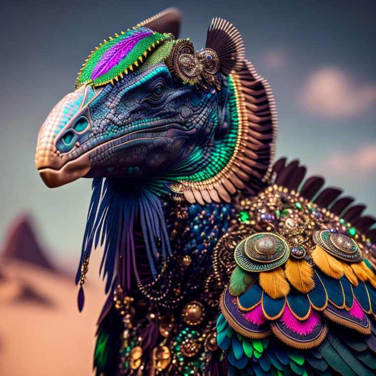 Vibrant bird-like creature with intricate textures in desert setting