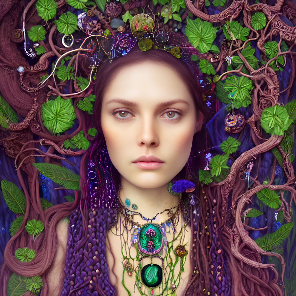 Serene woman with leaf crown in lush green setting