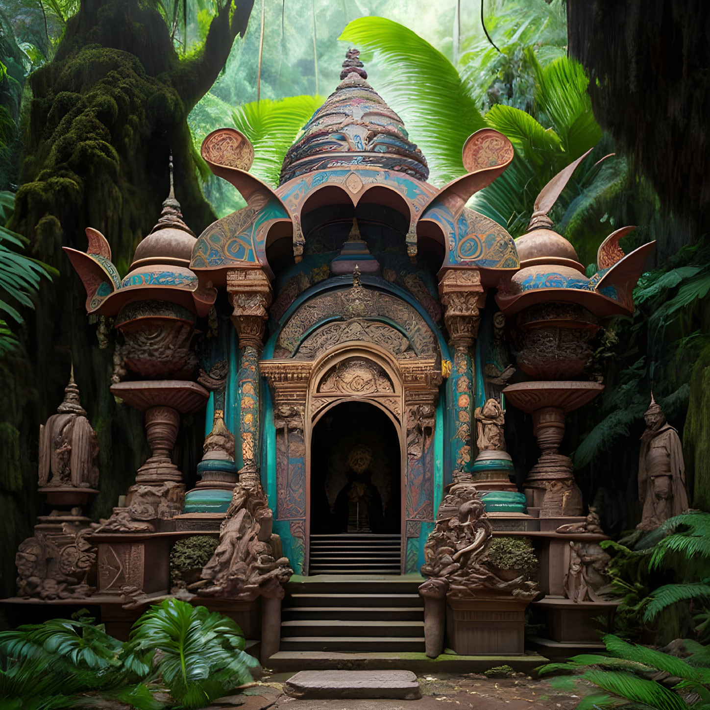 Ornate blue and gold temple in lush forest