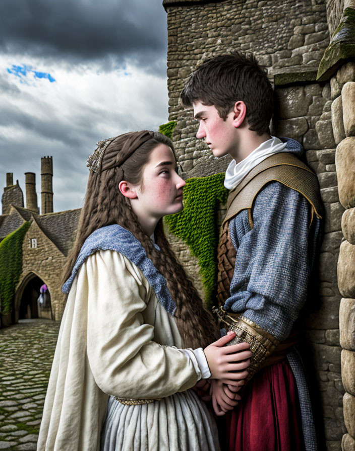 Medieval-themed intimate moment against stone wall under overcast sky