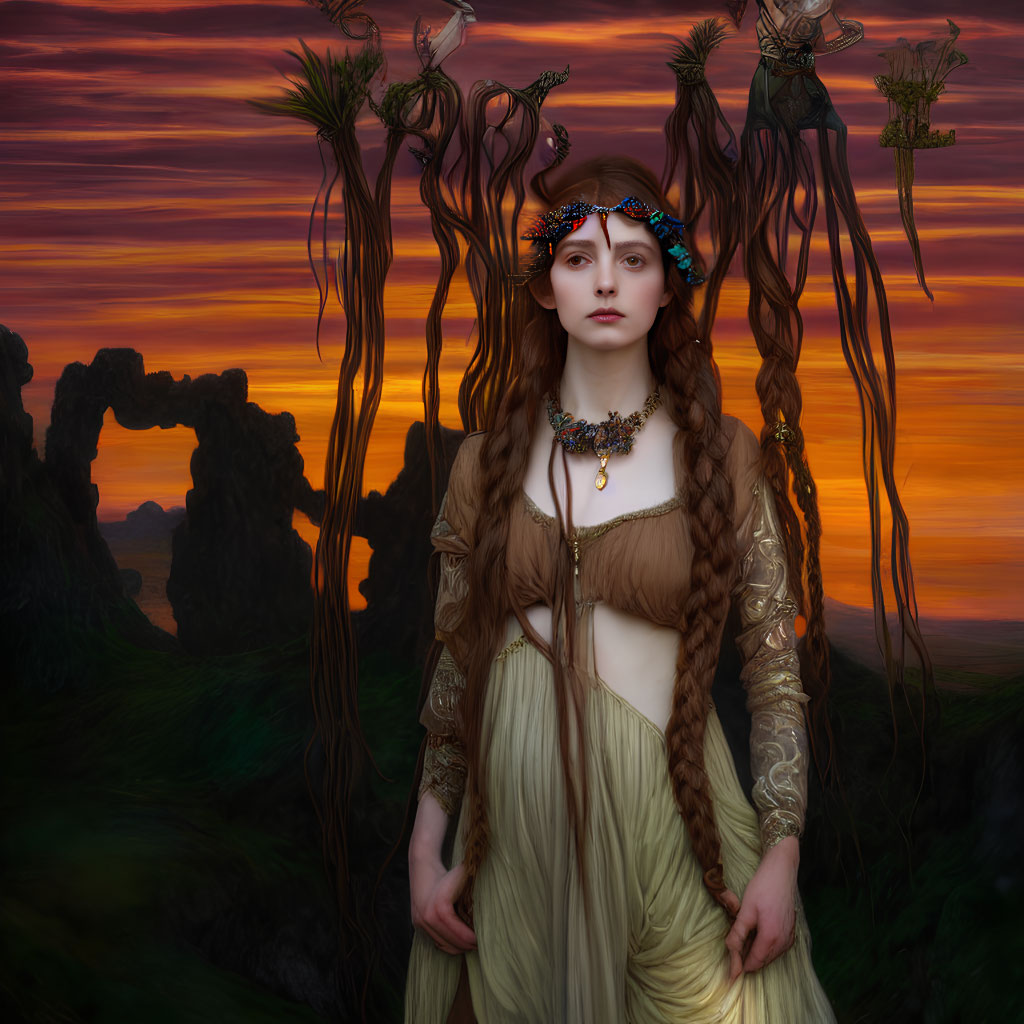 Fantasy-themed woman in elaborate costume at sunset with mystical rock arches