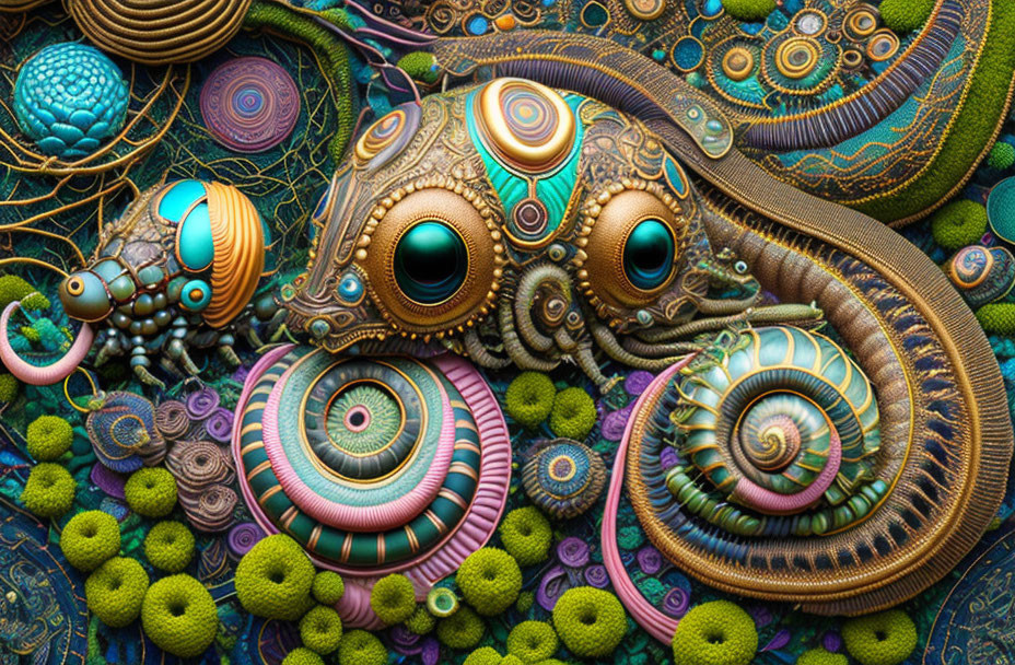 Detailed digital art: Spirals, sea life patterns, rich textures & colors