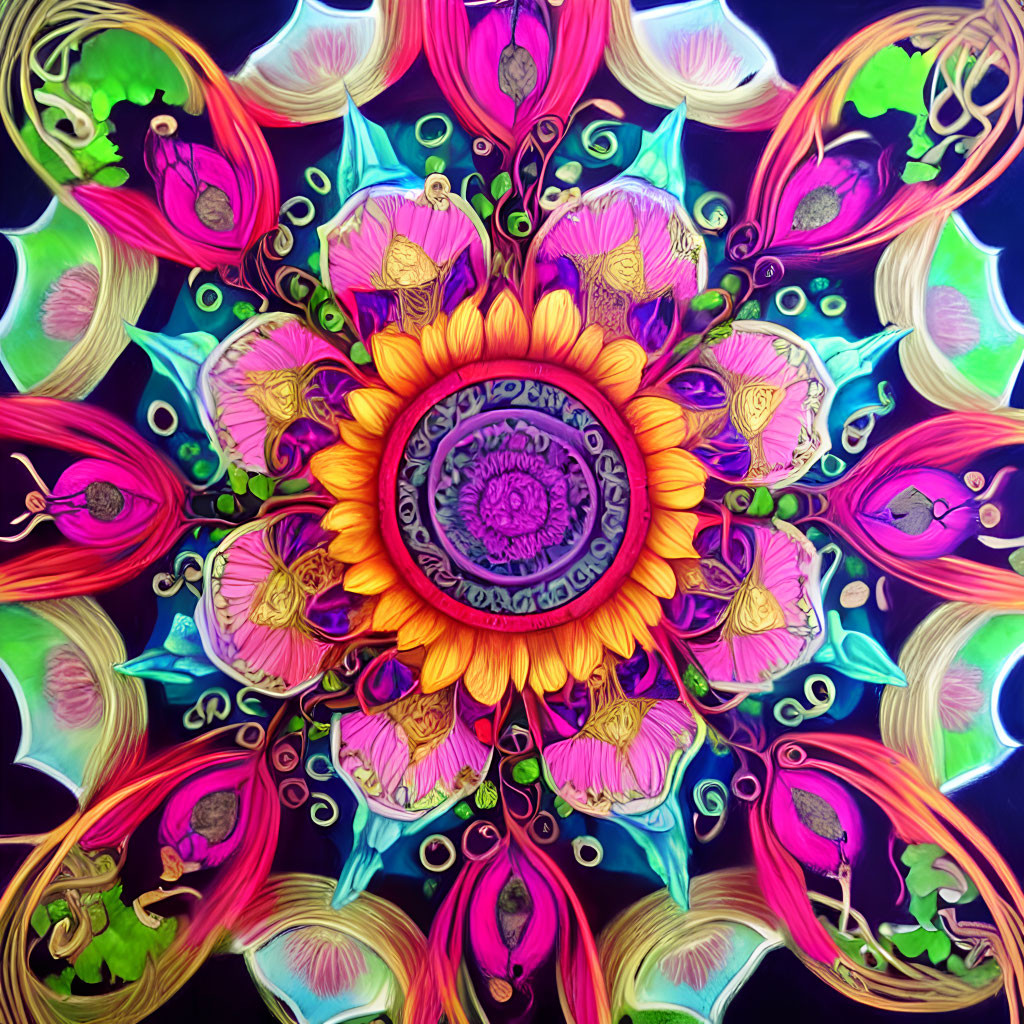 Colorful Floral and Geometric Digital Mandala in Pink, Yellow, Blue, and Green