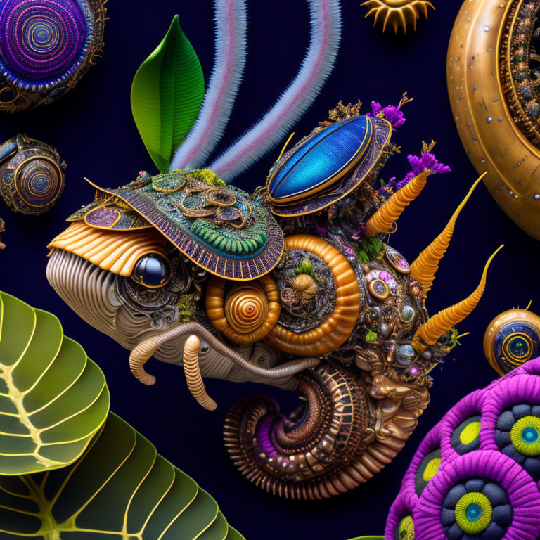 Colorful surreal chameleon artwork with mechanical and organic elements