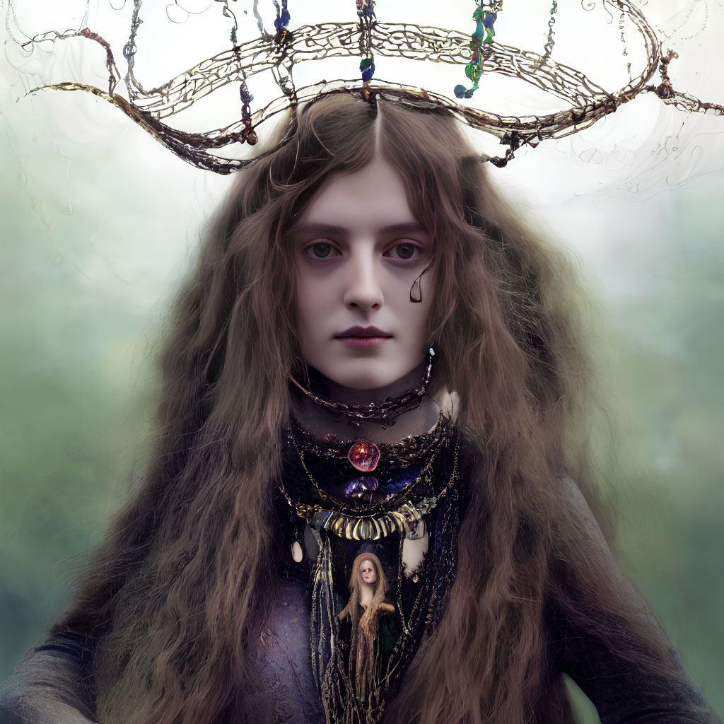 Mystical woman with crown and necklace on green background