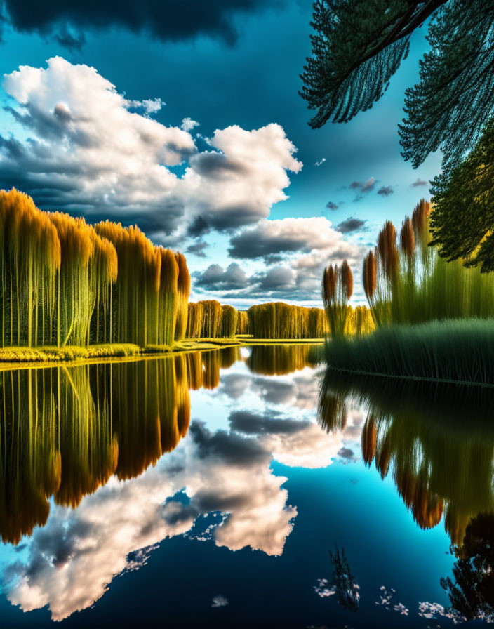 Scenic landscape with reflective lake and lush trees under dramatic sky