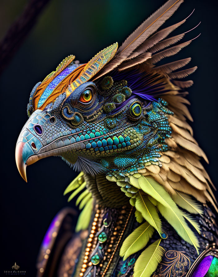 Fantastical Creature with Bird and Reptilian Features in Vibrant Colors