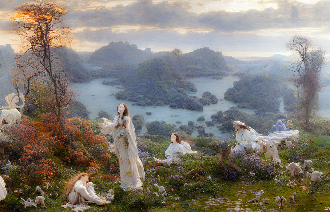 Mystical twilight landscape with ethereal figures and lush greenery