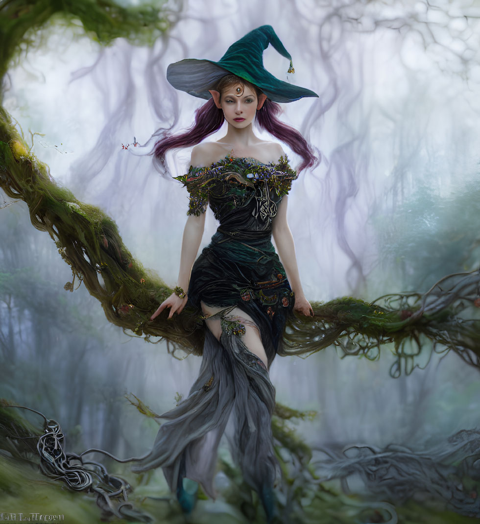 Fantasy female character in dark dress and green hat in mystical forest setting