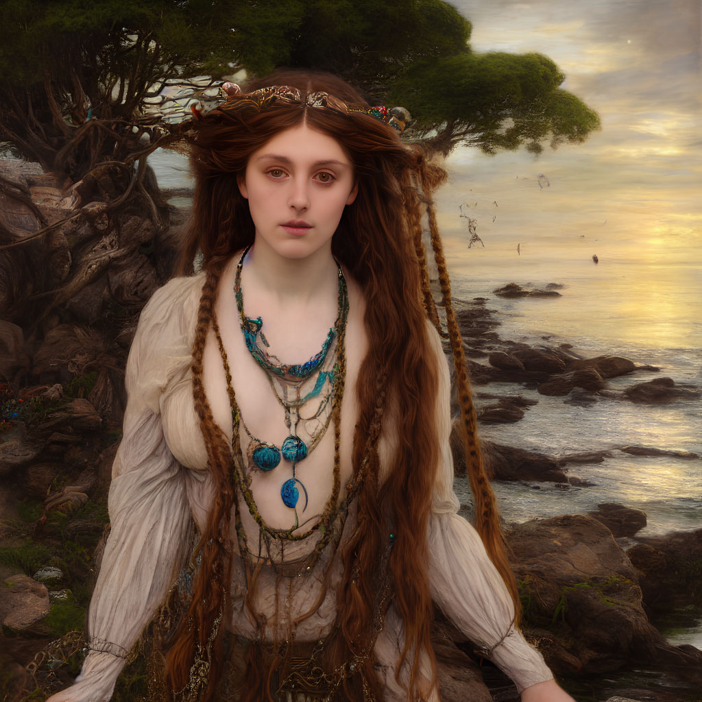 Mystical woman with braided hair and jewelry by serene seascape