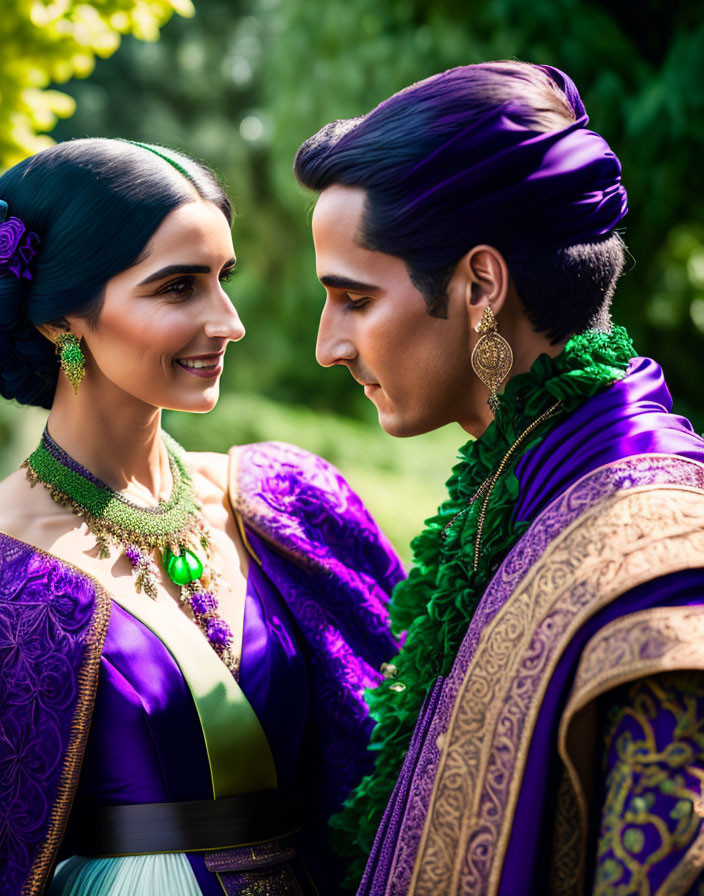 Traditional Indian attire: Smiling man and woman in lush green setting