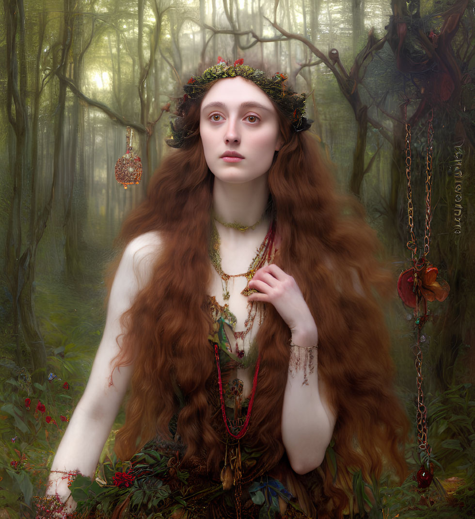 Red-haired woman in forest with leafy crown holding necklace