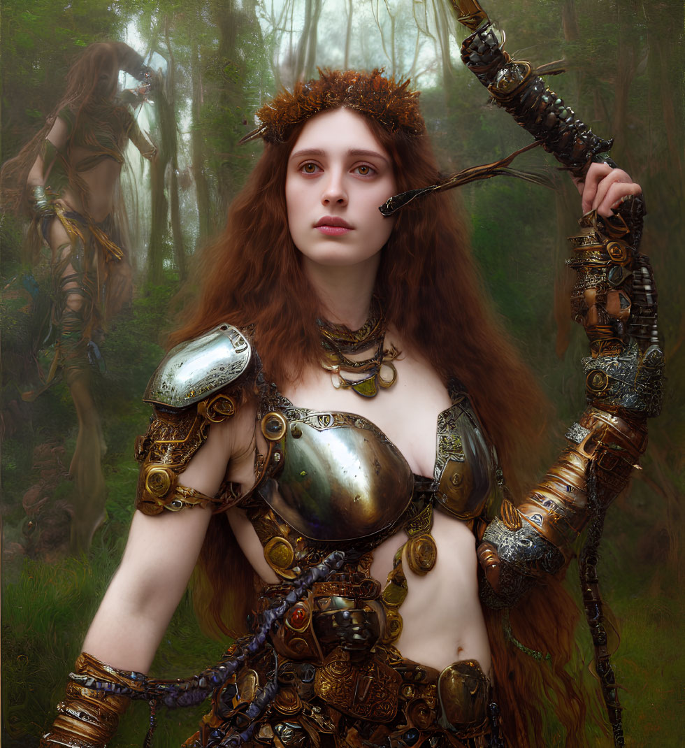 Warrior woman in ornate armor with bow and arrow in misty forest with centaur-like figure