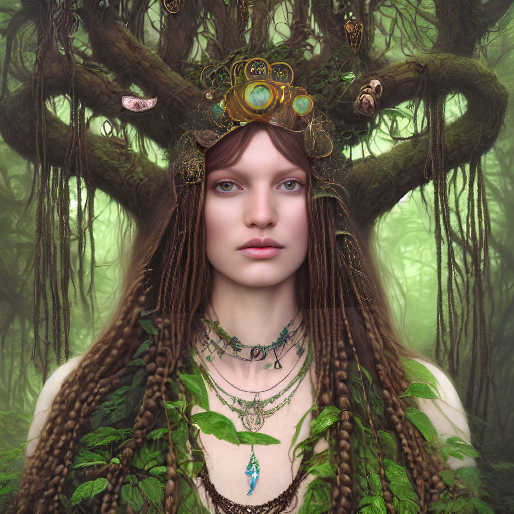 Mystical forest-themed woman with tree-like features and crown.