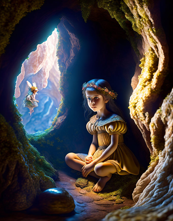 Girl in yellow dress with floral crown gazes at glowing fairy in mossy cave.