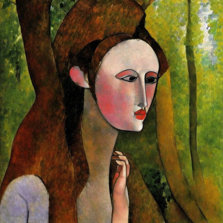 Stylized woman with pale skin and red lips in nature scene