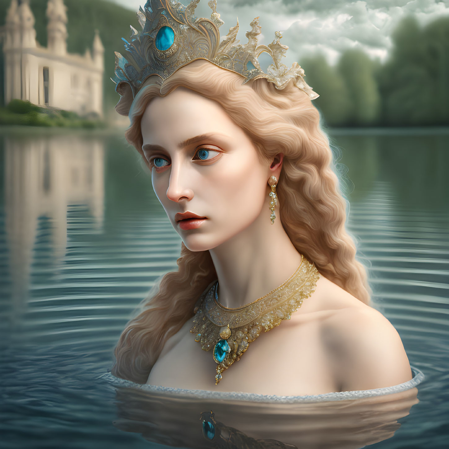 Regal woman with crown and gold jewelry in serene lake scenery