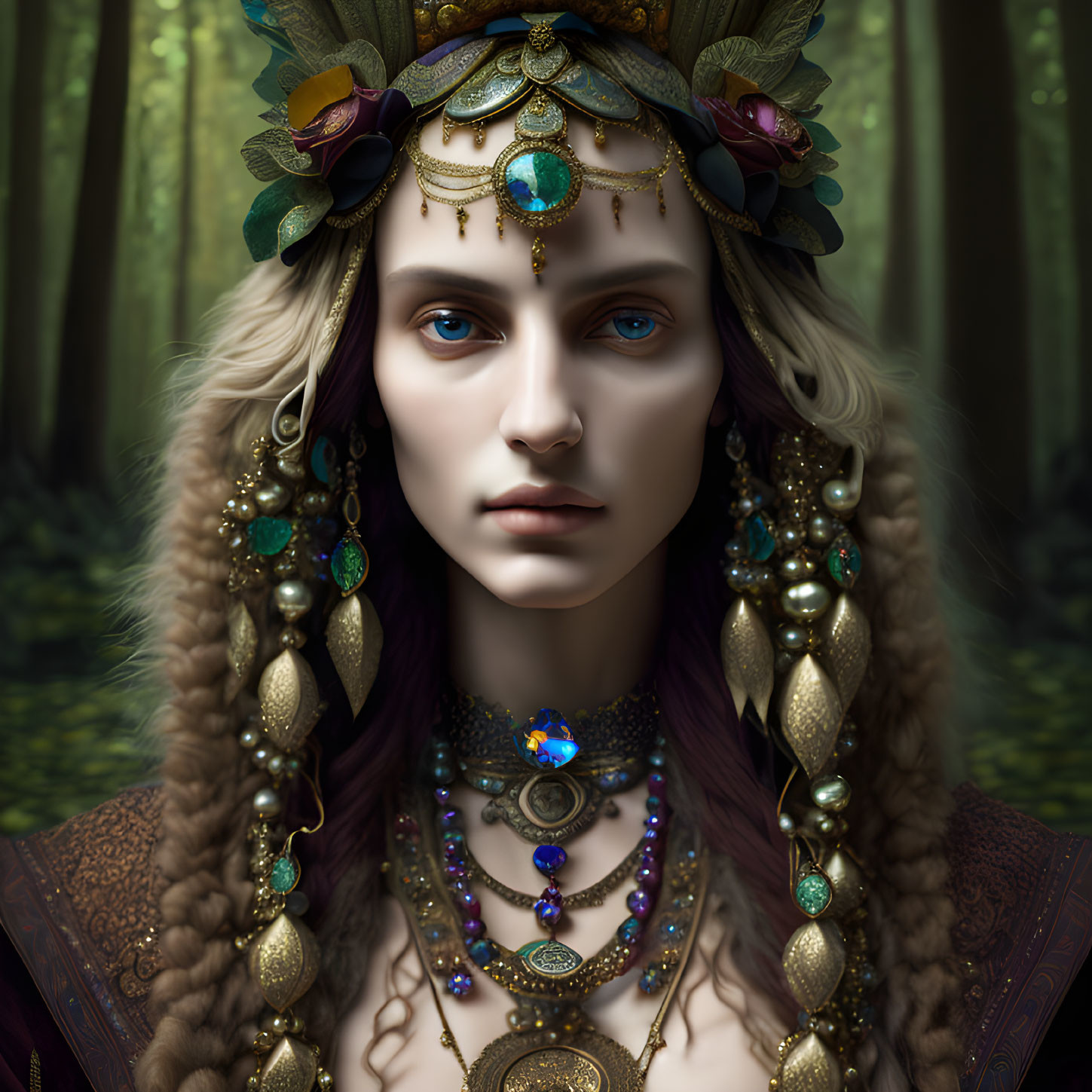 Intricate golden headdress and braided hair in mystical forest.