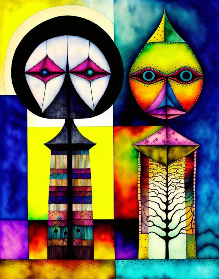 Vibrant abstract art: Faces and towers with geometric patterns