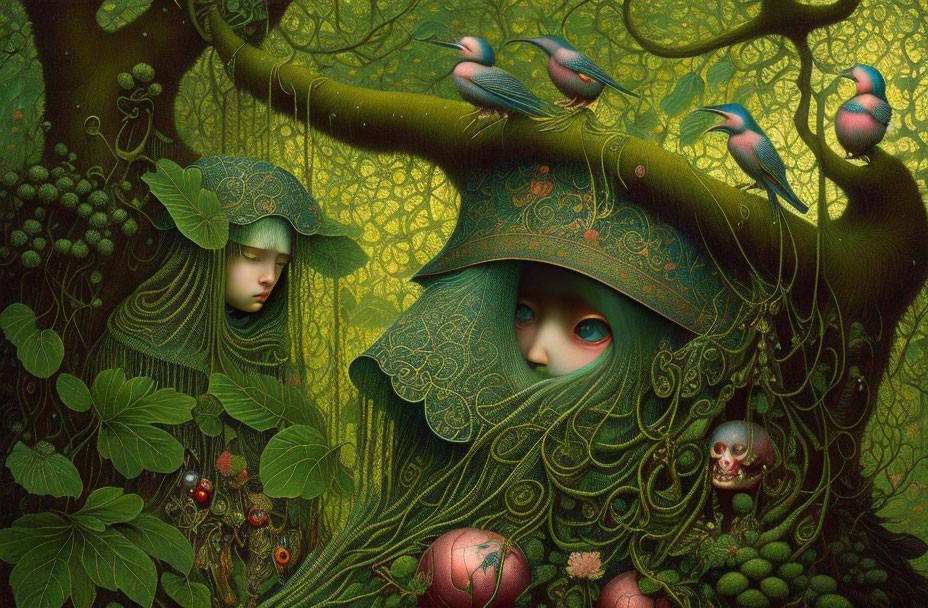 Surreal forest scene with camouflaged faces, vibrant green foliage, birds, and a small