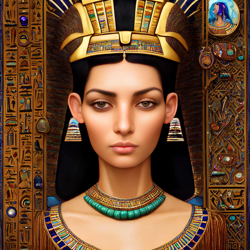 Detailed digital portrait of Egyptian queen with hieroglyphic motifs & ancient jewelry.