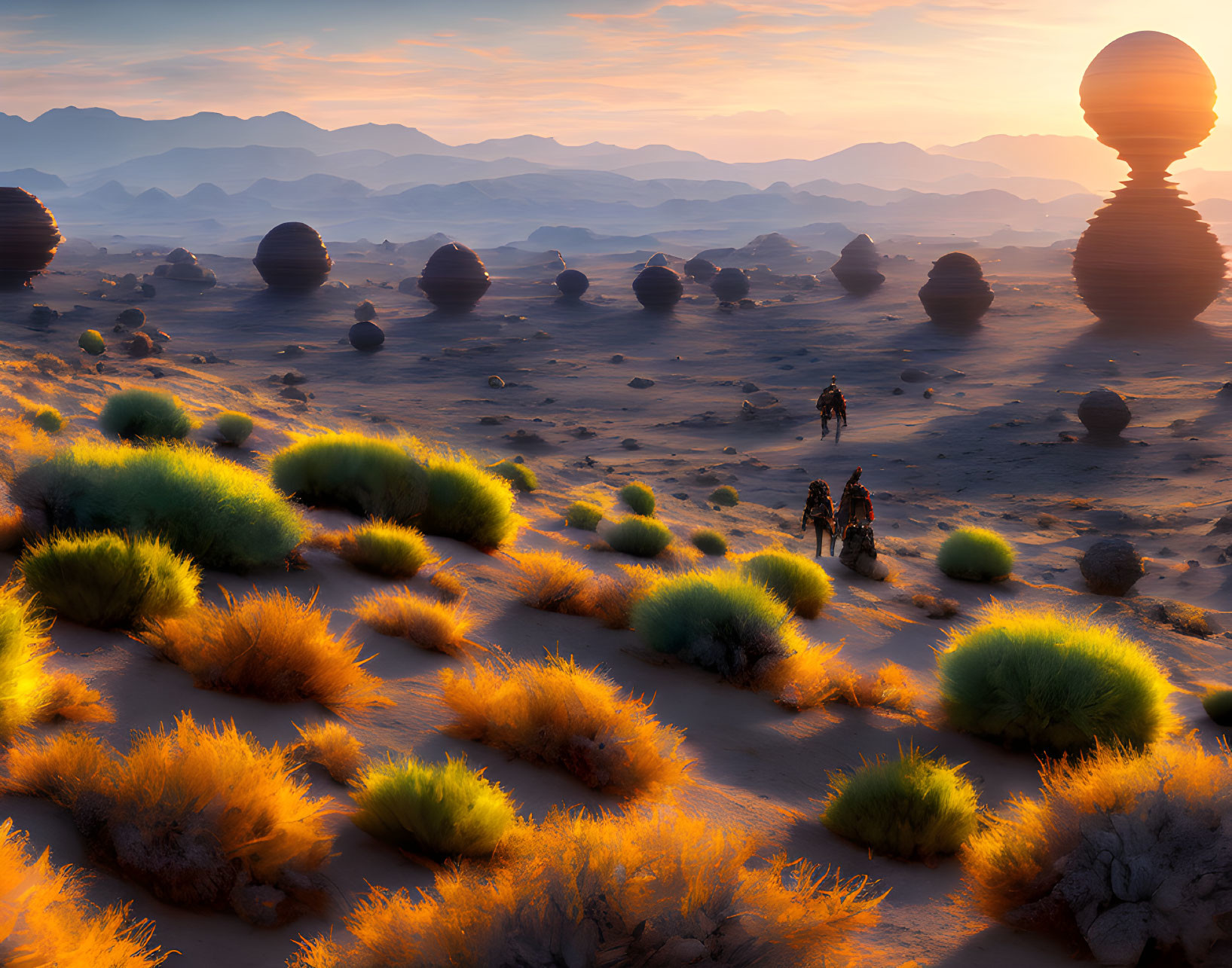 Vibrant desert sunset with orange flora, mysterious orbs, and explorers