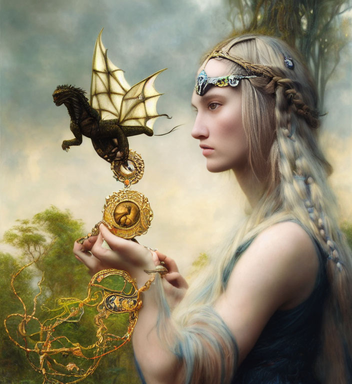 Fantasy portrait of woman with braided hair and circlet holding ornate sphere with dragon on soft