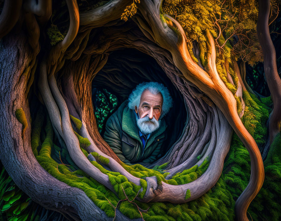 Elderly man with white beard in twisted tree hollow amidst lush greenery