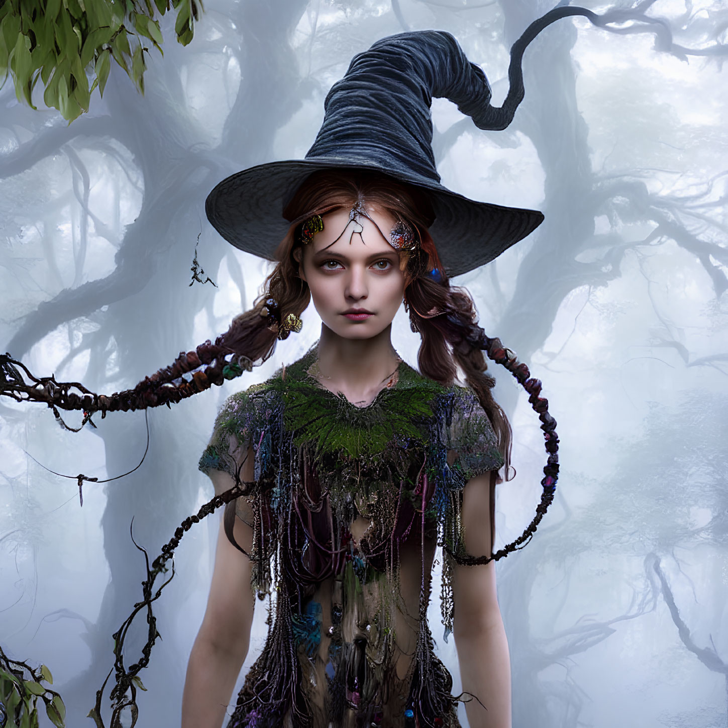 Mystical witch with twisted hat in foggy enchanted forest