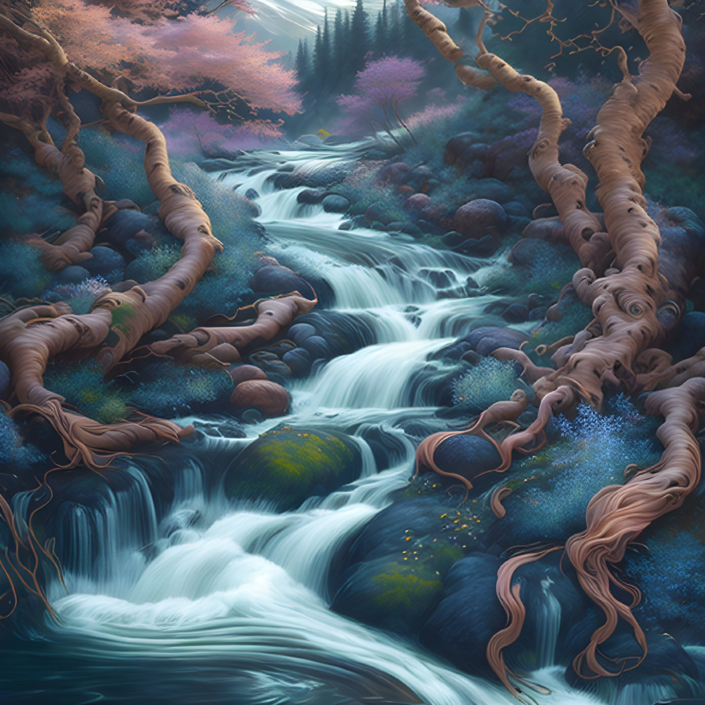 Enchanting Forest Scene with Gnarled Trees and Cascading Stream