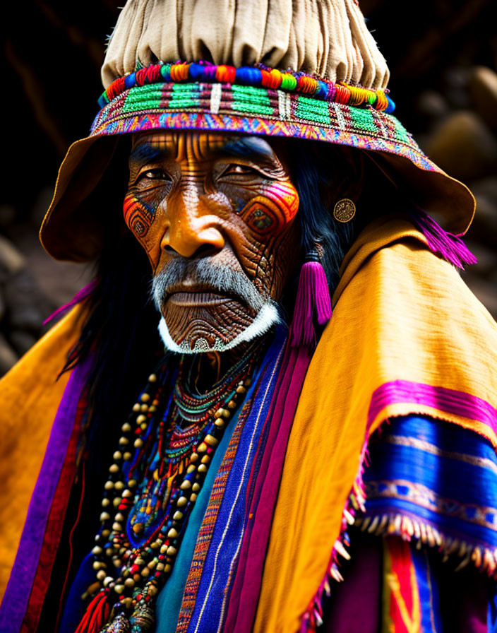 Elderly person with facial tattoos in traditional attire