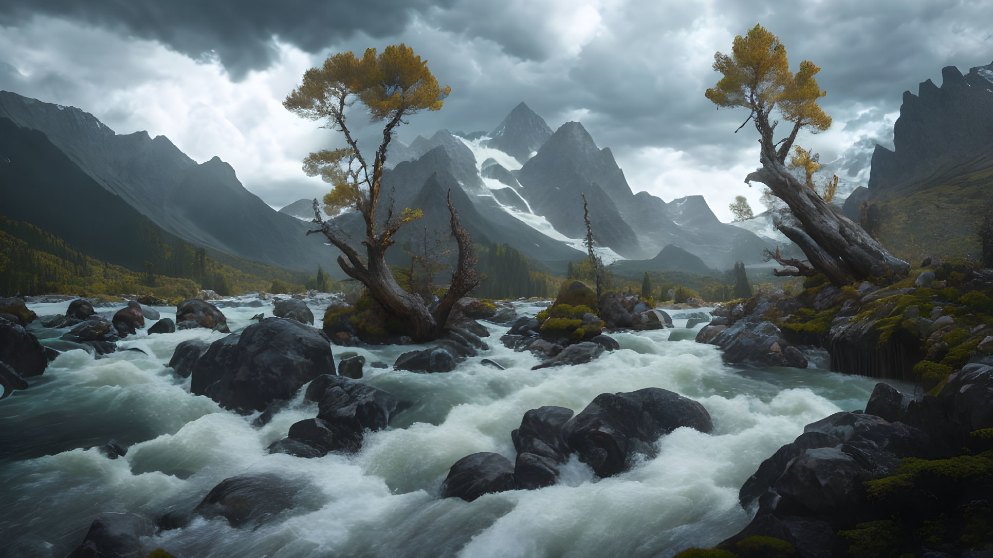 Stormy Sky Over Turbulent Mountain River in Rugged Landscape