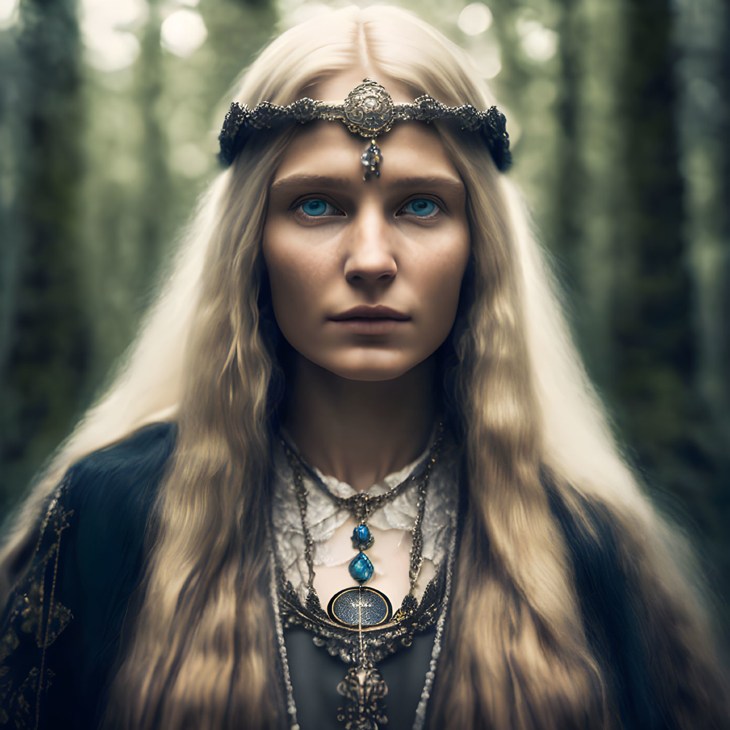 Blonde Woman with Blue Eyes in Forest Setting