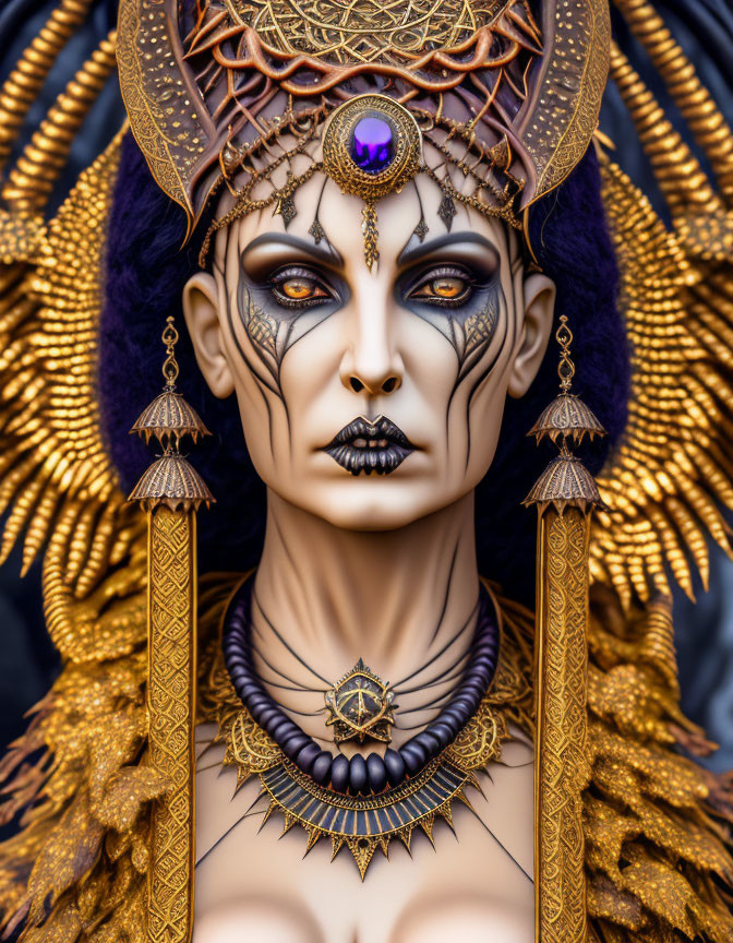 Elaborate golden headgear with purple feathers and intricate facial makeup