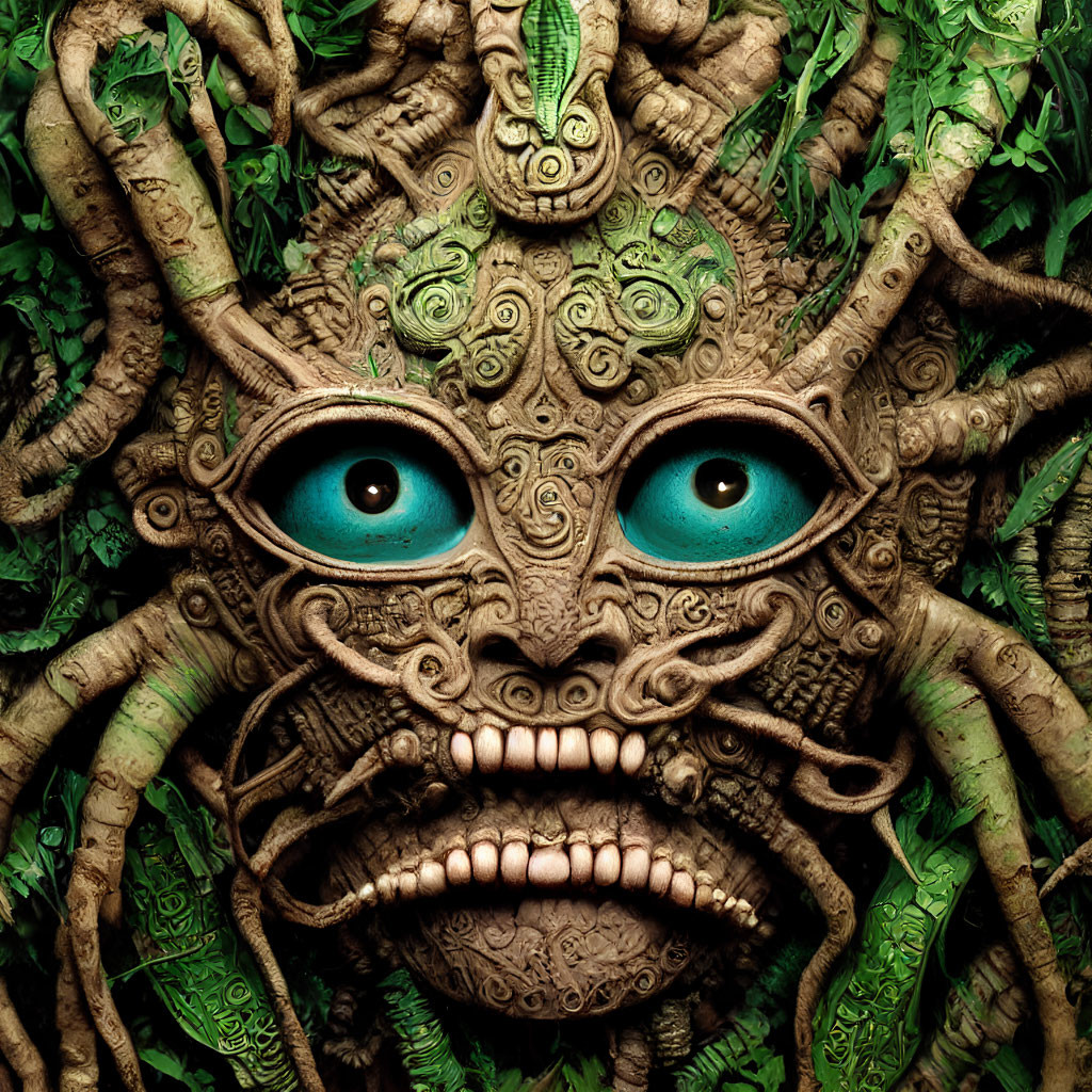 Intricate Mythological Face Sculpture with Blue Eyes and Roots