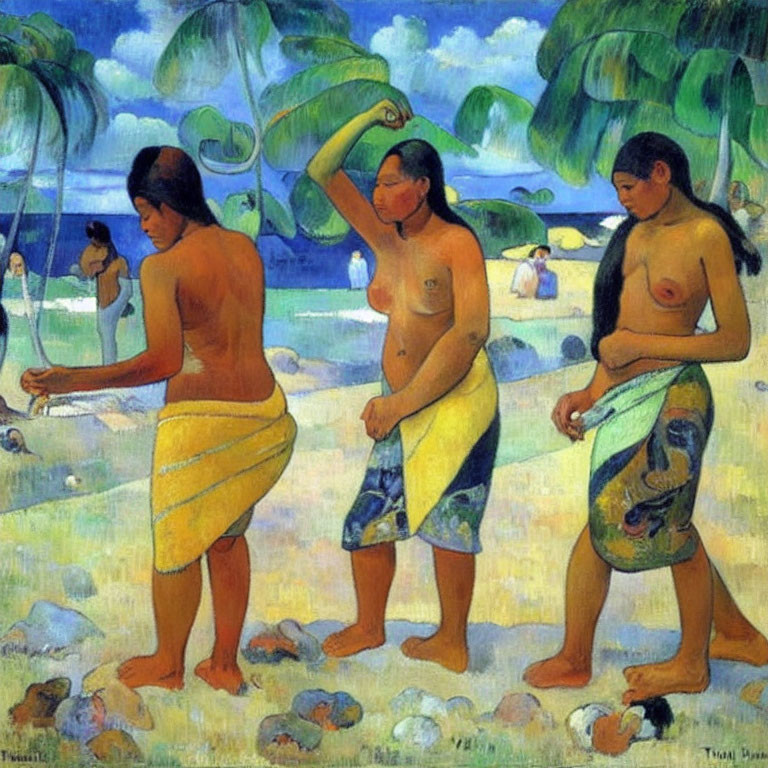 Three women in traditional attire on tropical beach with palm trees - vibrant colors, serene atmosphere