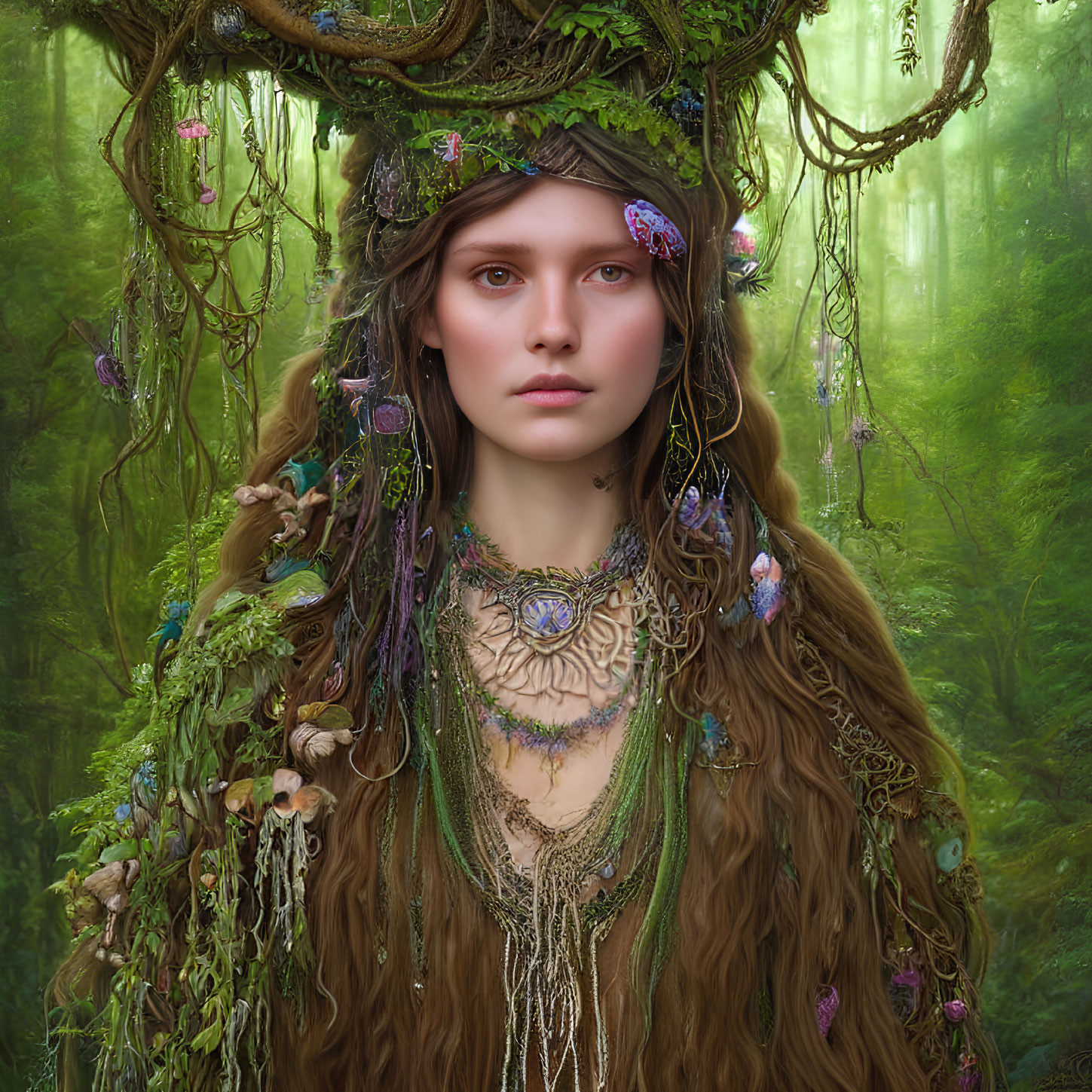 Woman in Forest-Themed Attire Surrounded by Greenery