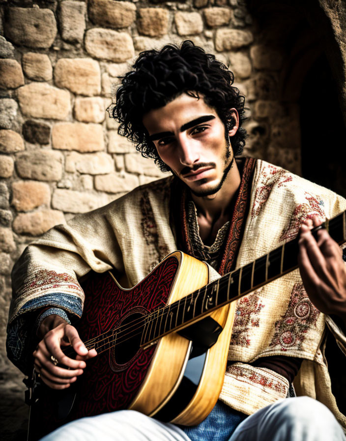 Curly-Haired Young Man Playing Acoustic Guitar Against Stone Wall