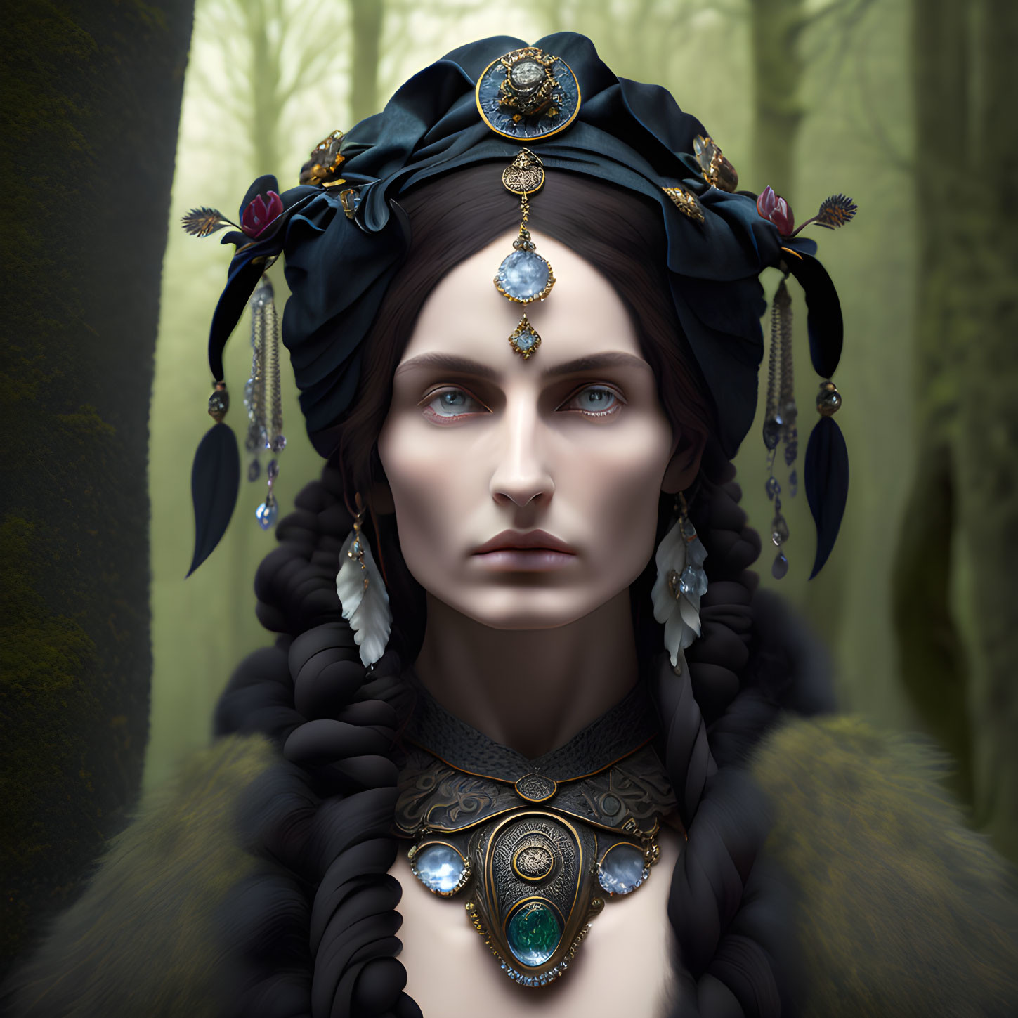 Digital Artwork: Woman with Blue Eyes in Intricate Headdress