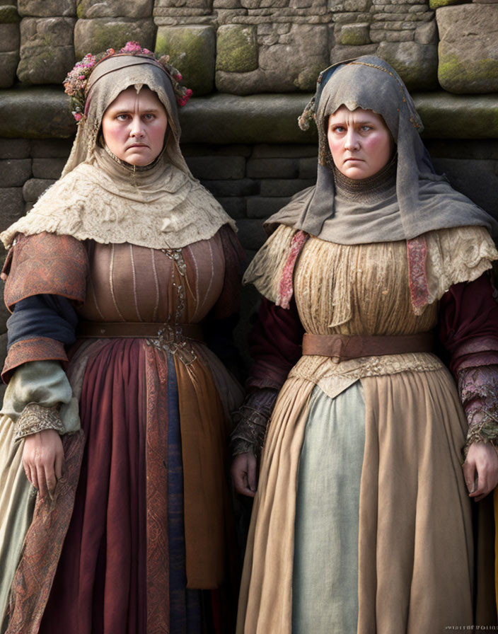 Medieval women in head coverings and floral garlands against stone wall