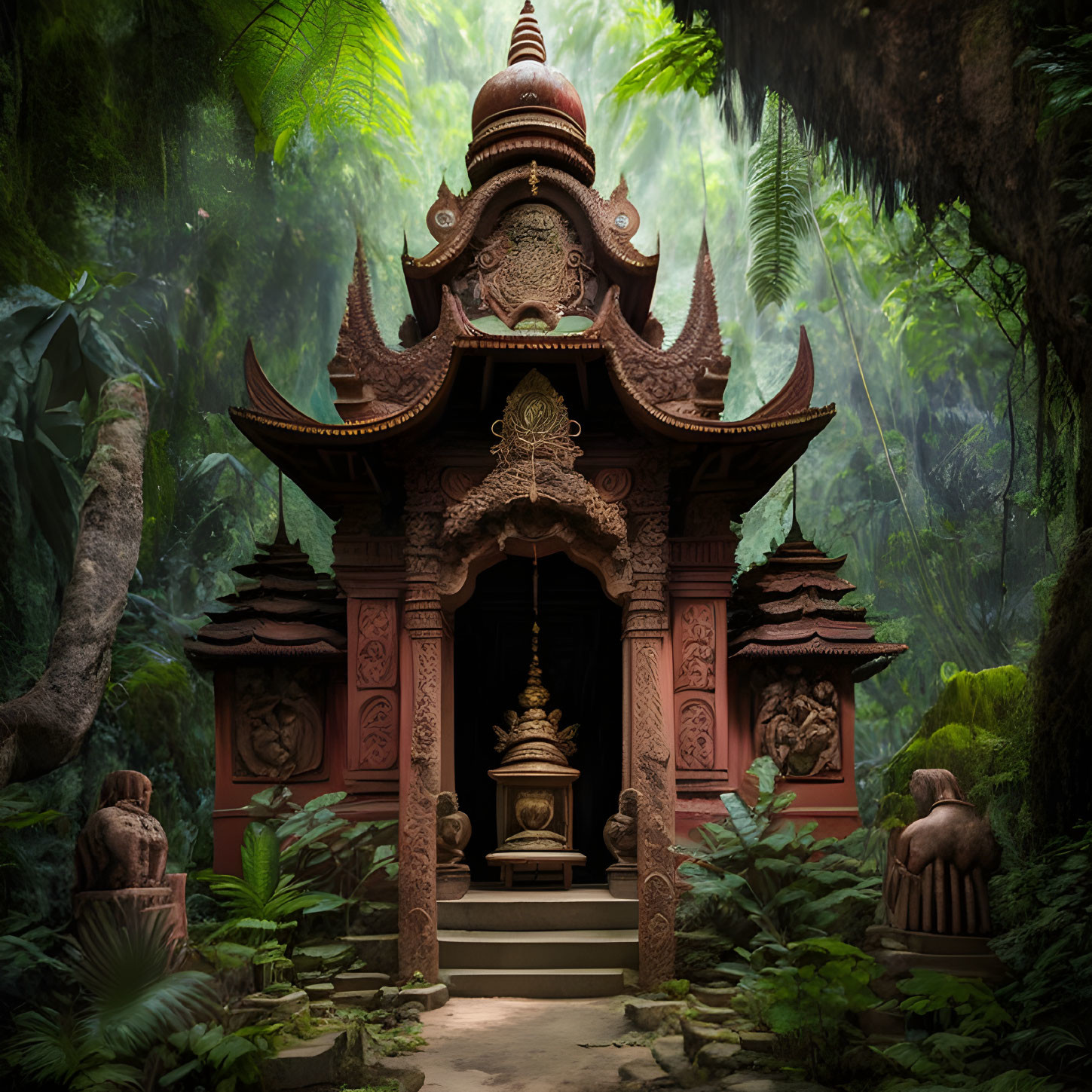 Intricate Carvings Adorn Ornate Temple in Misty Jungle