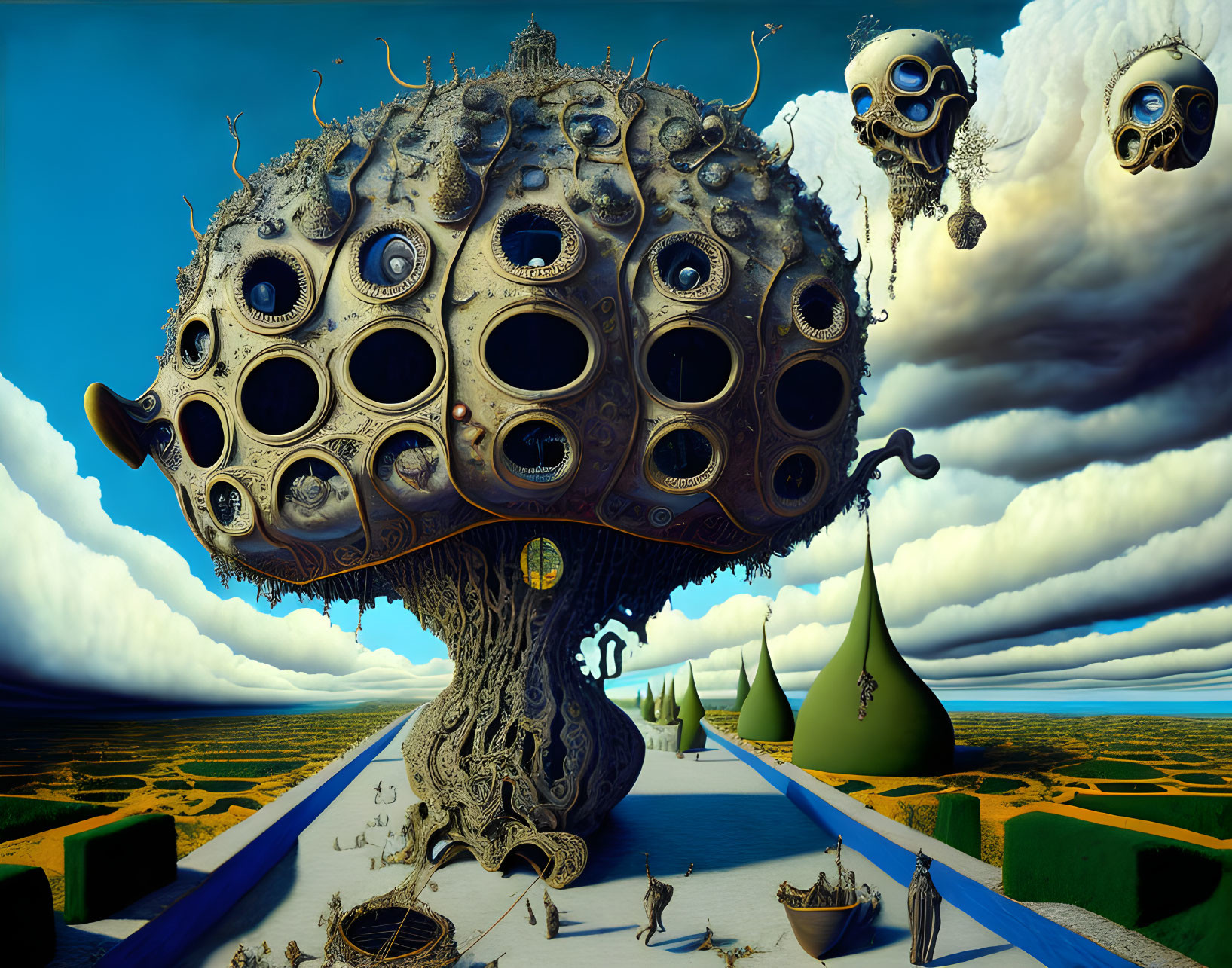 Surreal landscape with tree-like structure, eyes, skulls, clouds, cones