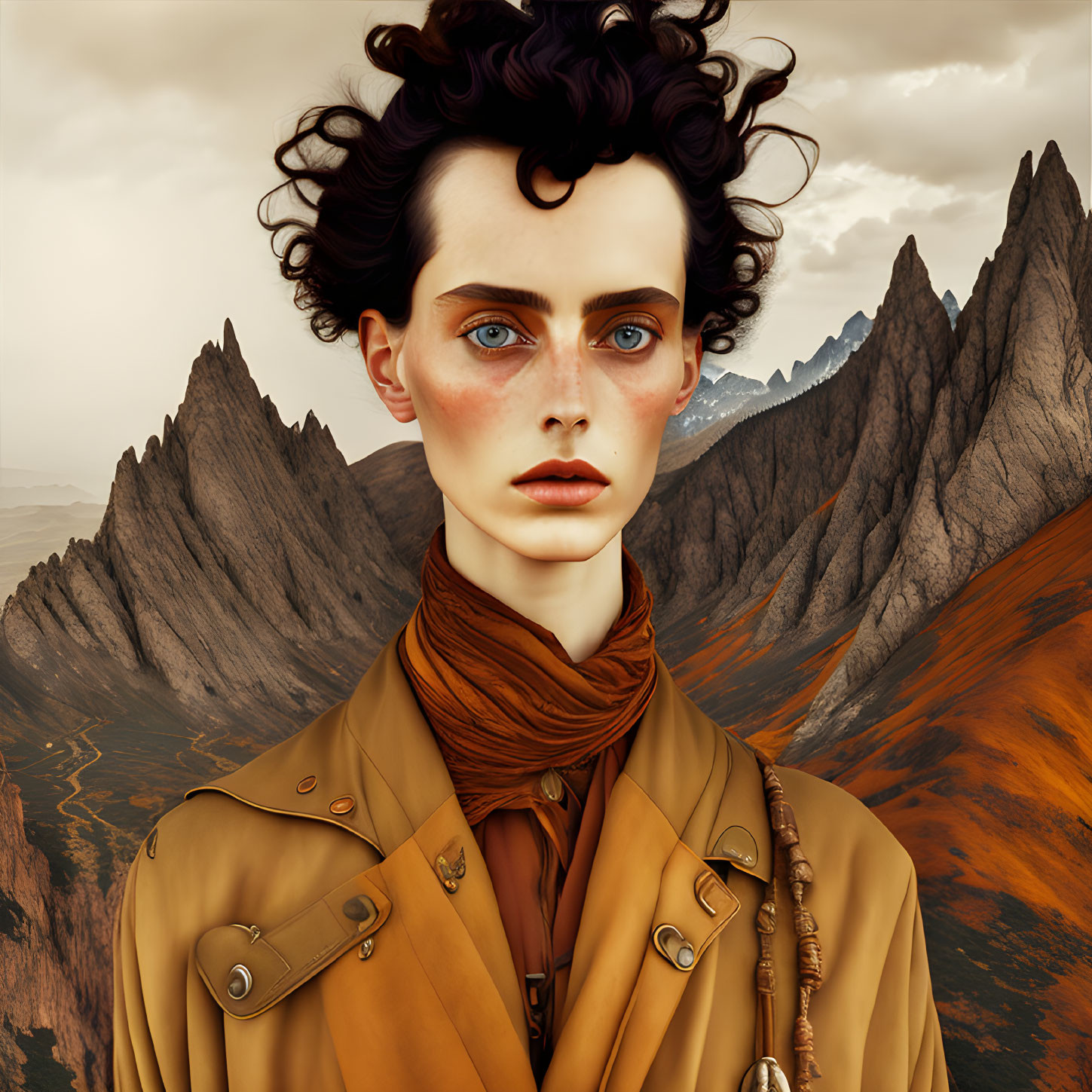 Curly Haired Person in Tan Coat with Mountainous Background