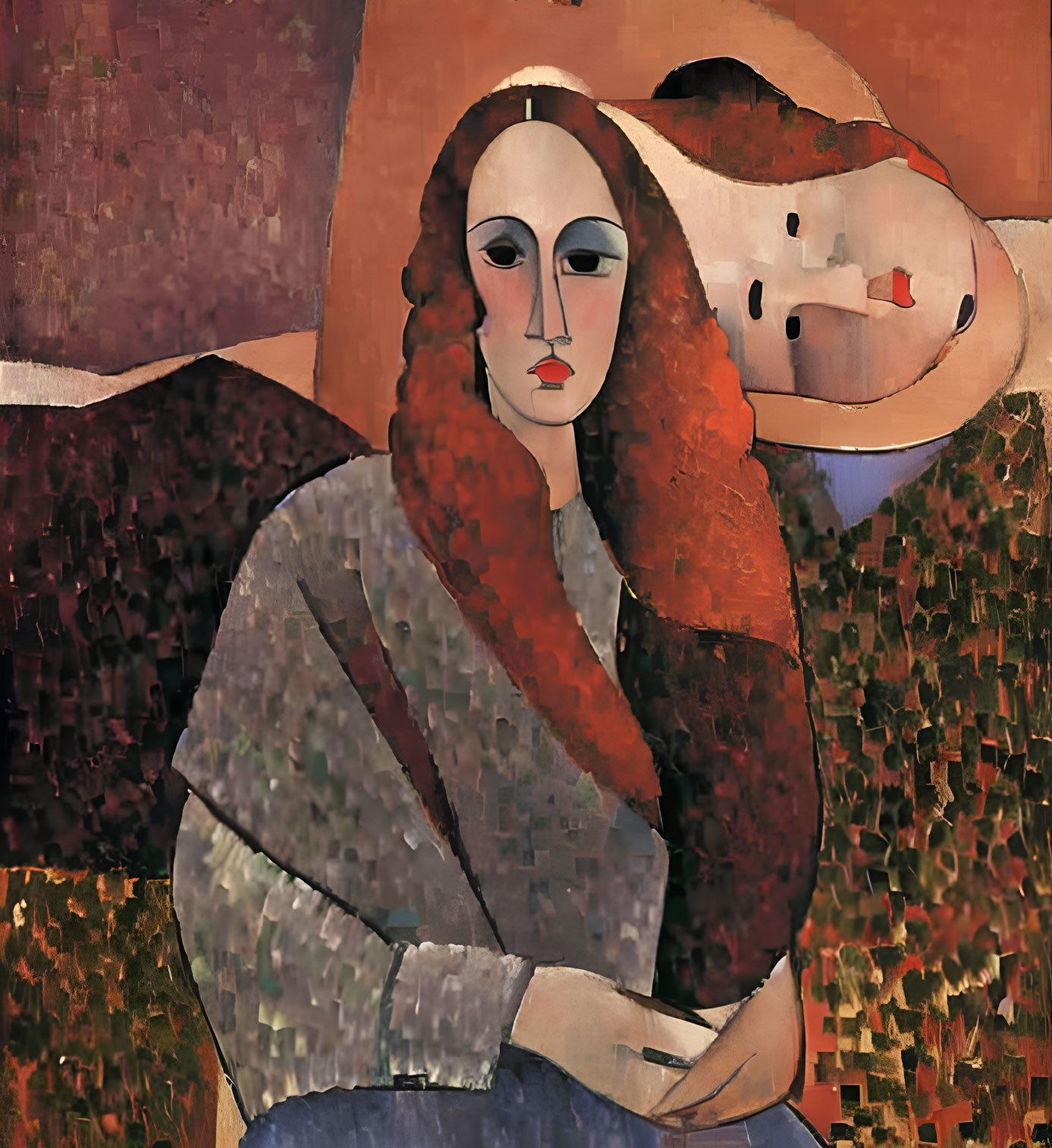 Abstract Cubist Painting of Woman with Red Hair and Patterned Shawl