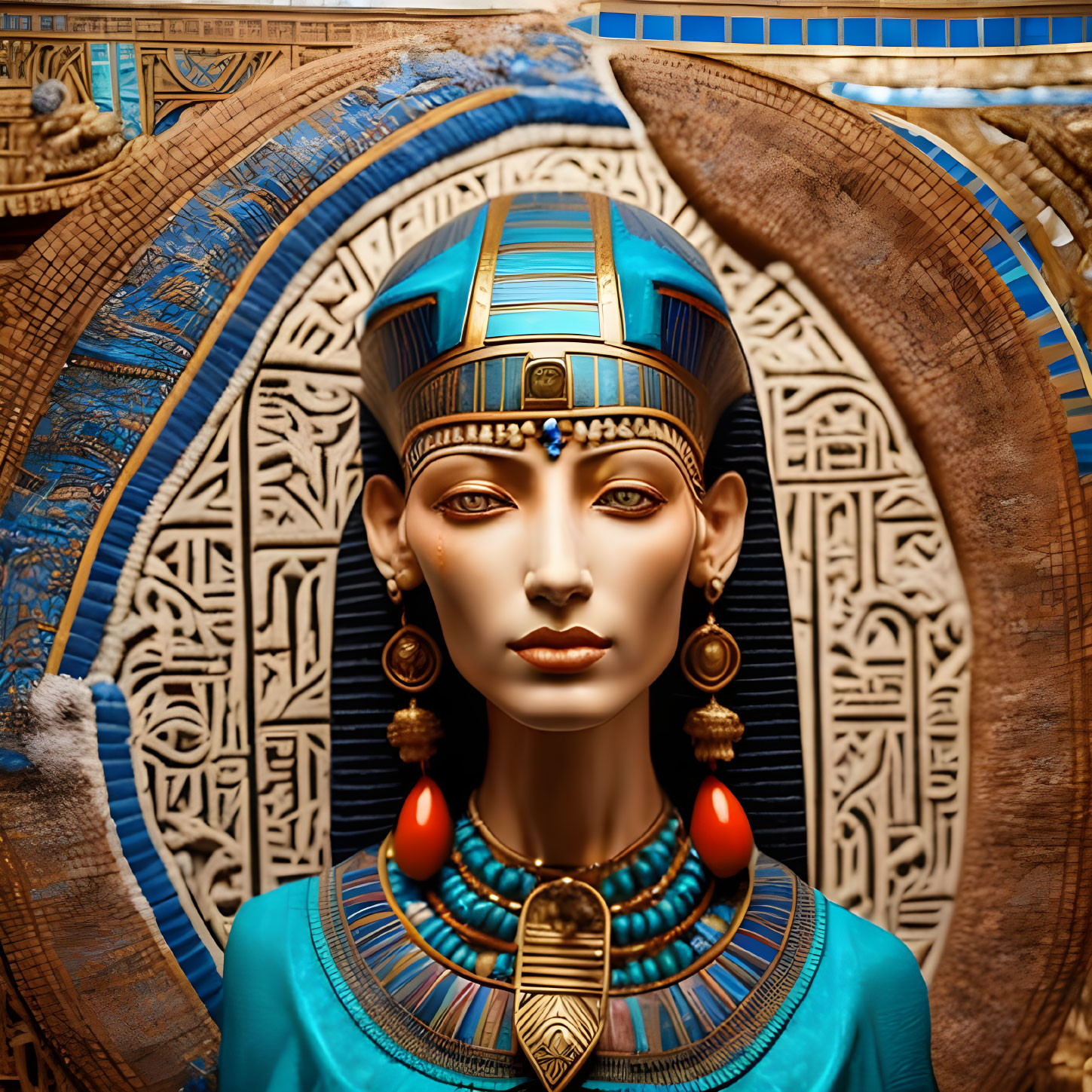 Detailed depiction of Egyptian queen with headdress and golden jewelry.