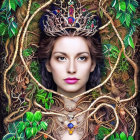 Surreal portrait of a woman with red hair and intricate golden vines, green foliage, and blue