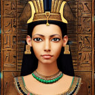 Detailed digital portrait of Egyptian queen with hieroglyphic motifs & ancient jewelry.