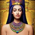 Digital portrait of woman styled as Egyptian pharaoh with headdress and ornate collar