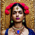 Portrait of a Woman with Jeweled Headpiece and Necklace in Intricate Gold Frame